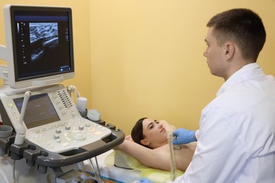 Mammologist conducting ultrasound examination of woman's breast in clinic