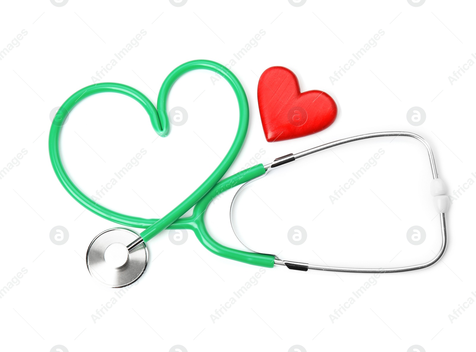 Photo of Red heart and stethoscope on white background, top view. Cardiology concept