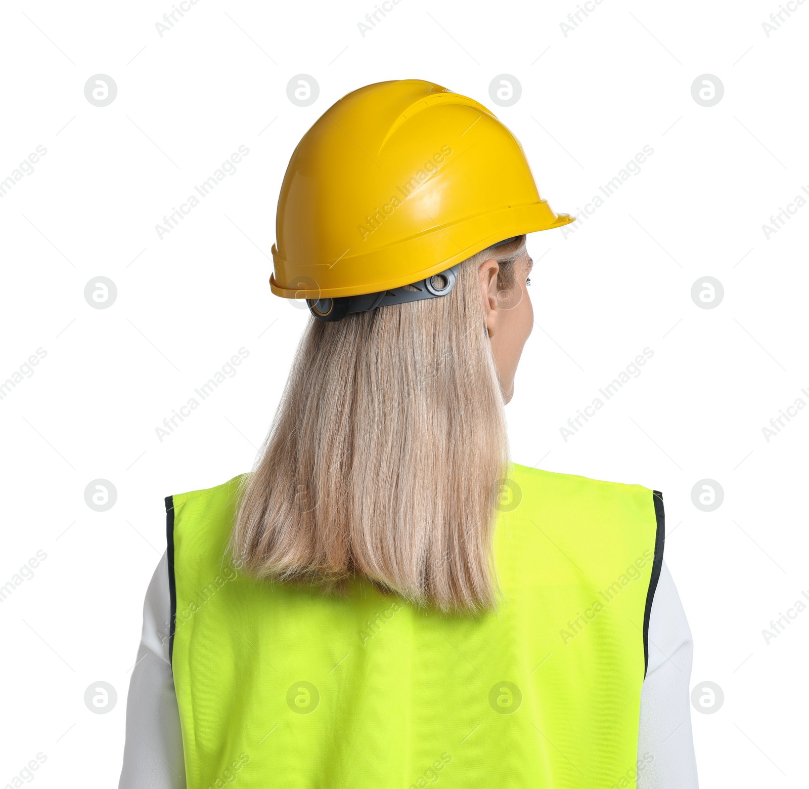 Photo of Engineer in hard hat on white background, back view