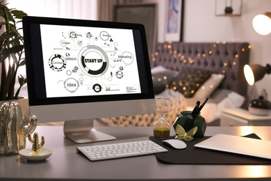 Startup business concept. Computer with illustration of digital marketing plan in office 