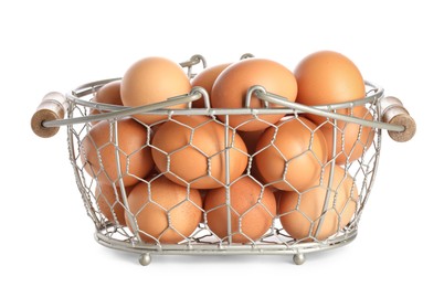 Photo of Chicken eggs in metal basket isolated on white