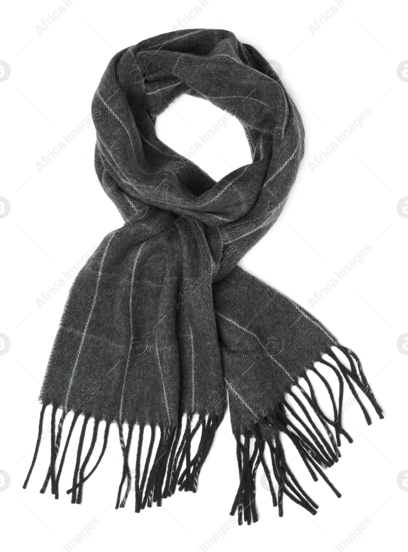 Photo of Stylish grey cashmere scarf isolated on white, top view
