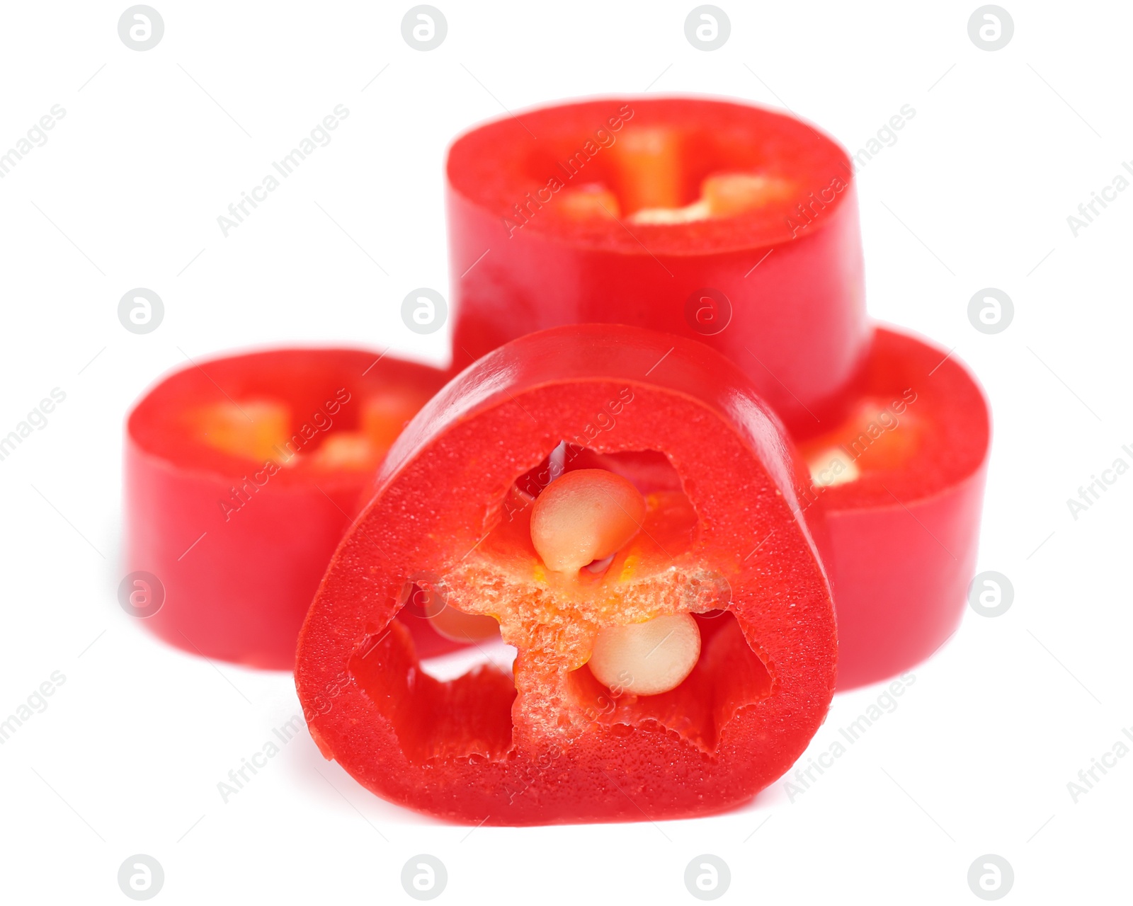 Photo of Cut red hot chili pepper on white background