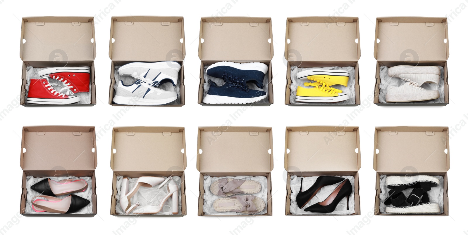 Image of Set with stylish shoes in cardboard boxes on white background, top view. Banner design