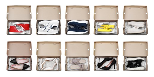 Image of Set with stylish shoes in cardboard boxes on white background, top view. Banner design