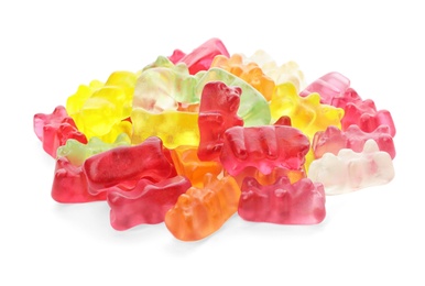 Pile of delicious jelly bears on white background