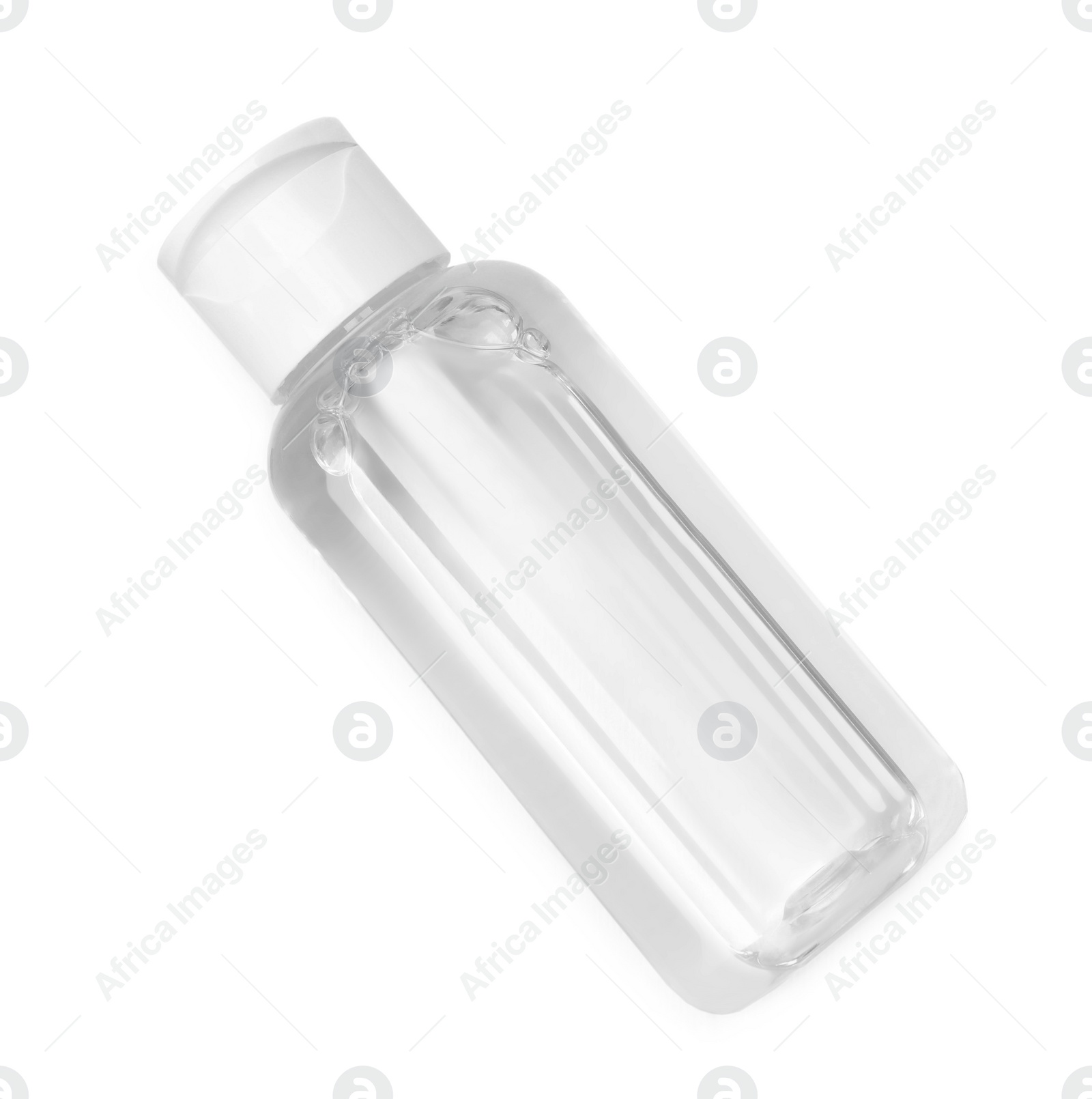 Photo of Bottle of micellar cleansing water isolated on white, top view