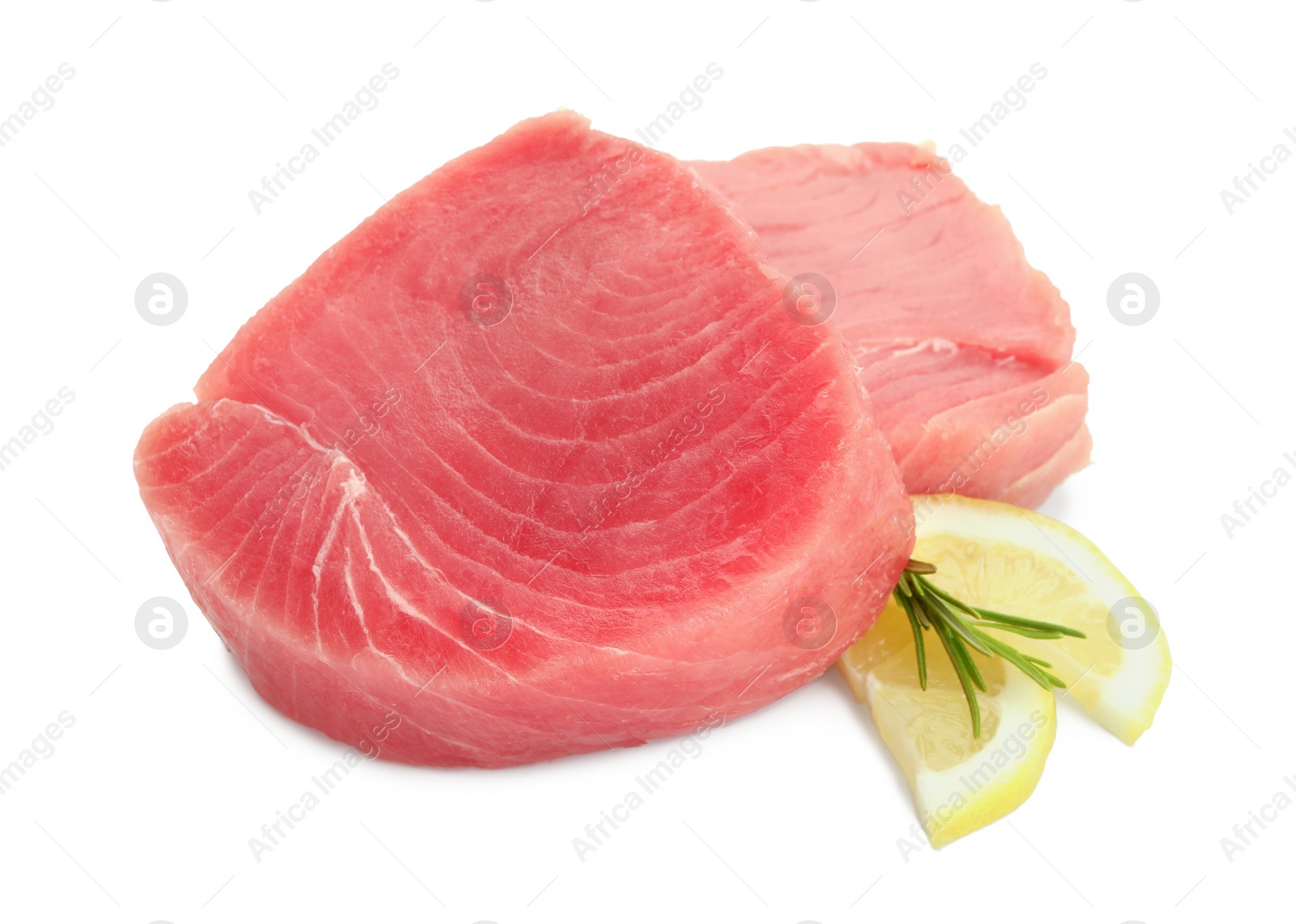 Photo of Fresh raw tuna fillets with lemon slices and rosemary on white background