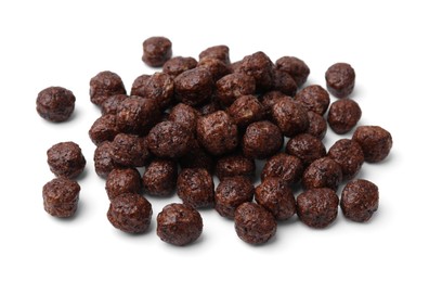 Photo of Tasty chocolate cereal balls isolated on white