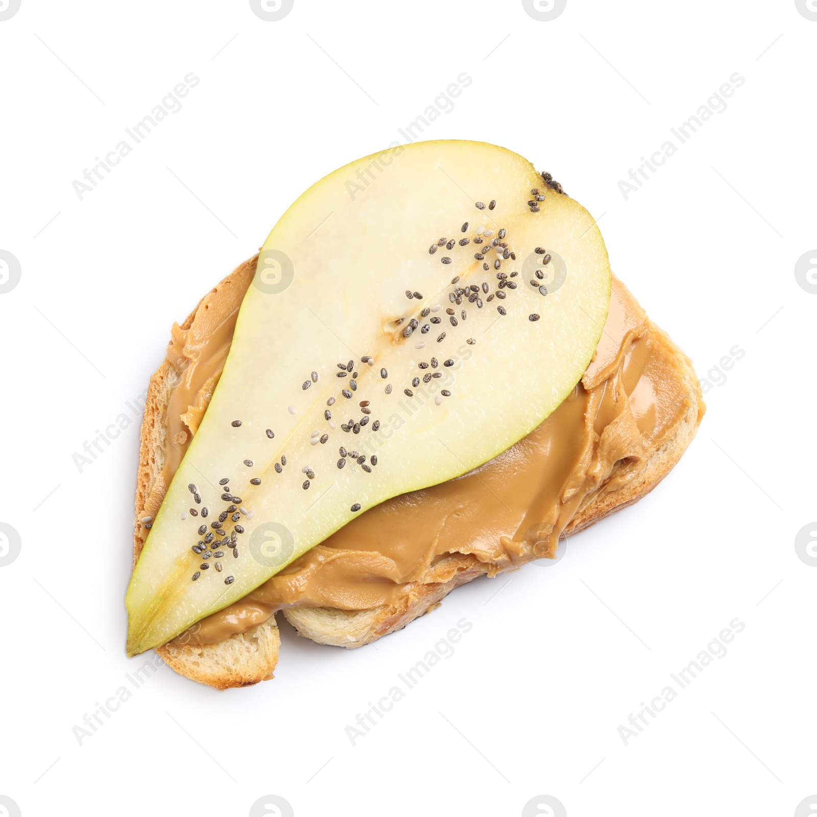 Photo of Tasty toast with pear, peanut butter and chia seeds on white background, top view