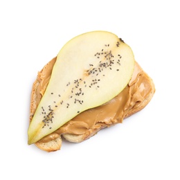 Tasty toast with pear, peanut butter and chia seeds on white background, top view