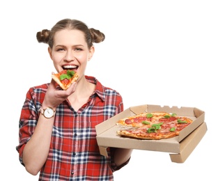 Attractive young woman with delicious pizza on white background