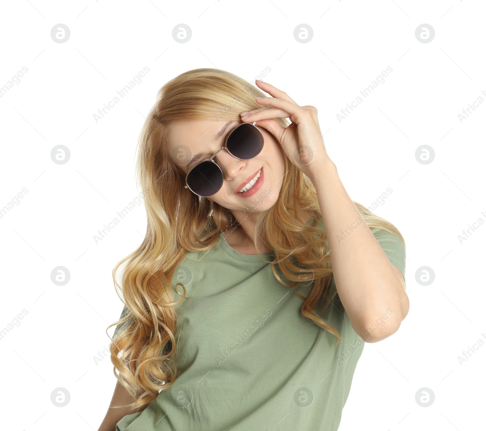 Photo of Portrait of beautiful young woman with dyed long hair on white background