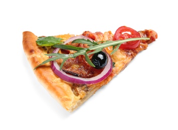 Photo of Slice of tasty homemade pizza on white background