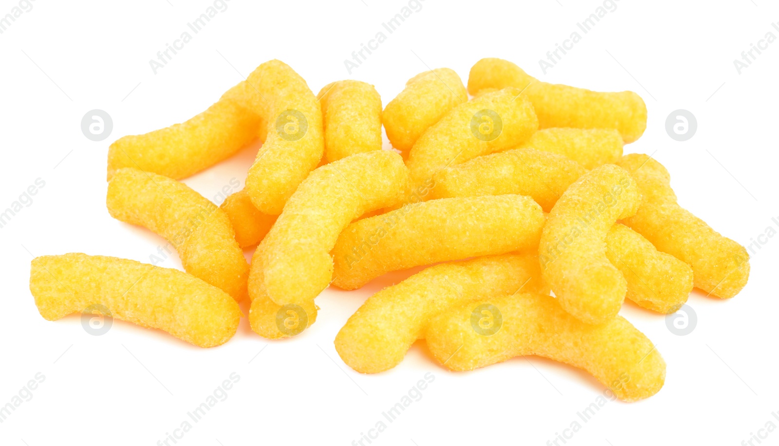 Photo of Many tasty cheesy corn puffs isolated on white