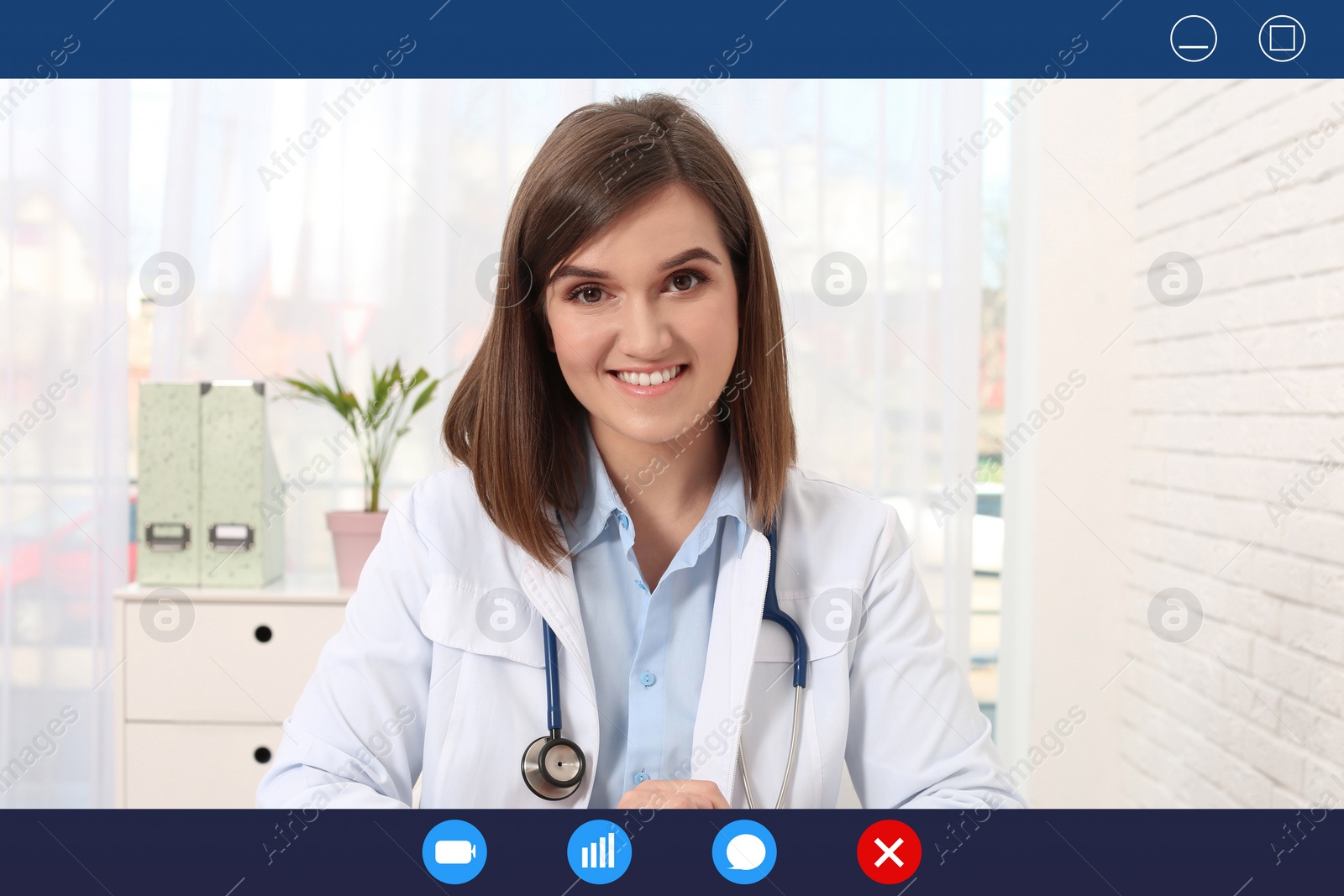 Image of Pediatrician consulting patient online using video chat in clinic, view from webcam