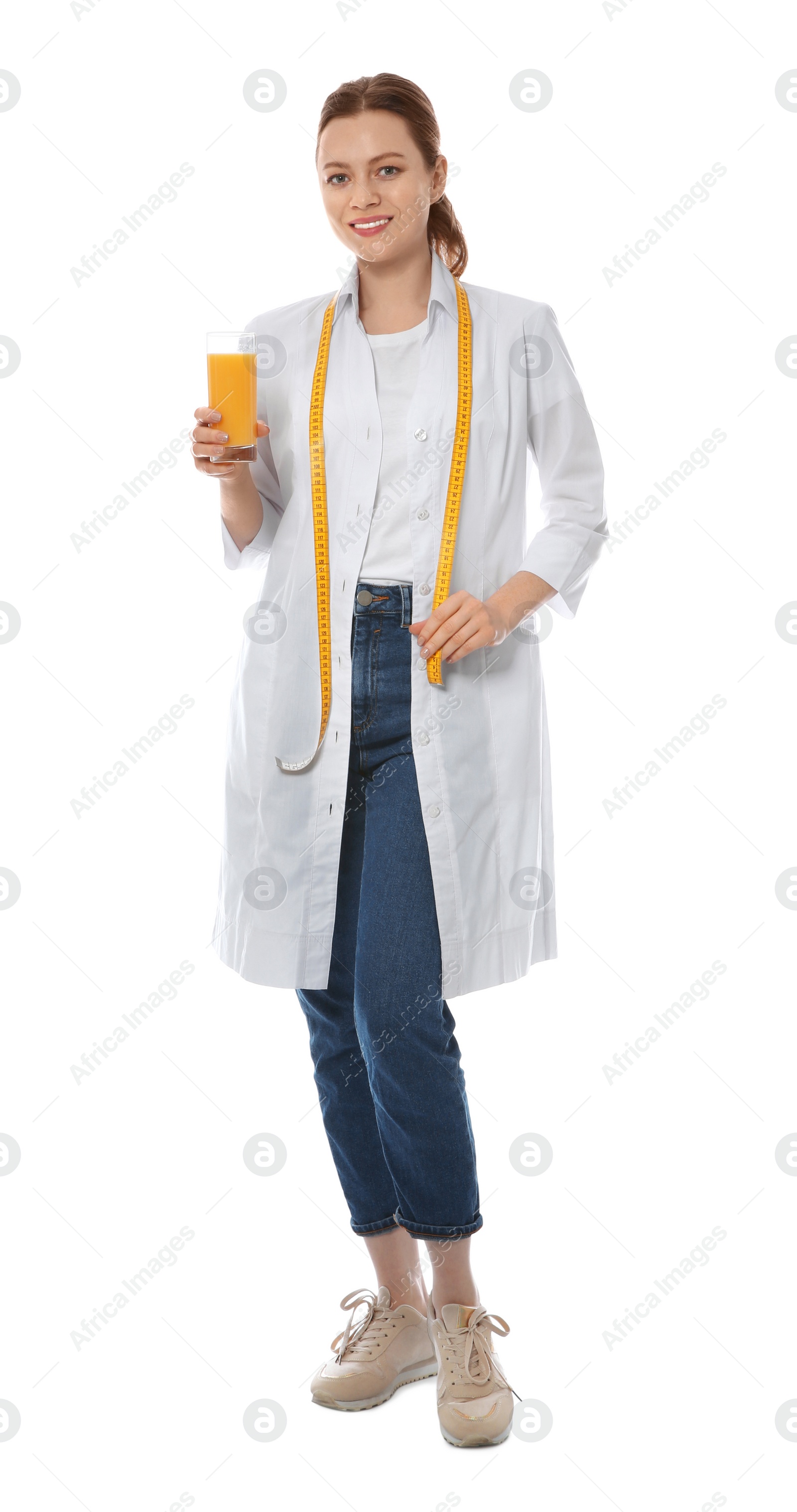 Photo of Nutritionist with glass of juice on white background