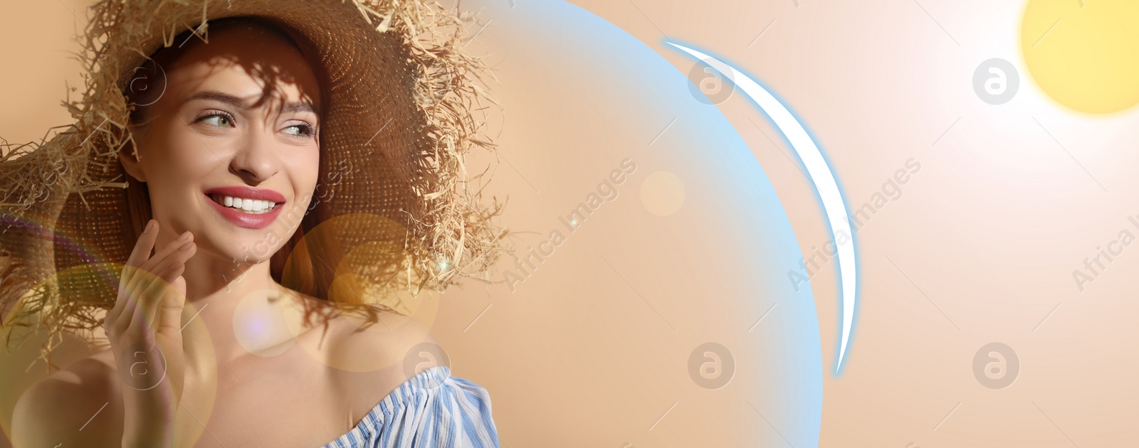 Image of Sun protection product (sunscreen) as barrier against ultraviolet, banner design. Beautiful young woman in straw hat on beige background
