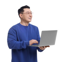 Photo of Happy man with laptop on white background