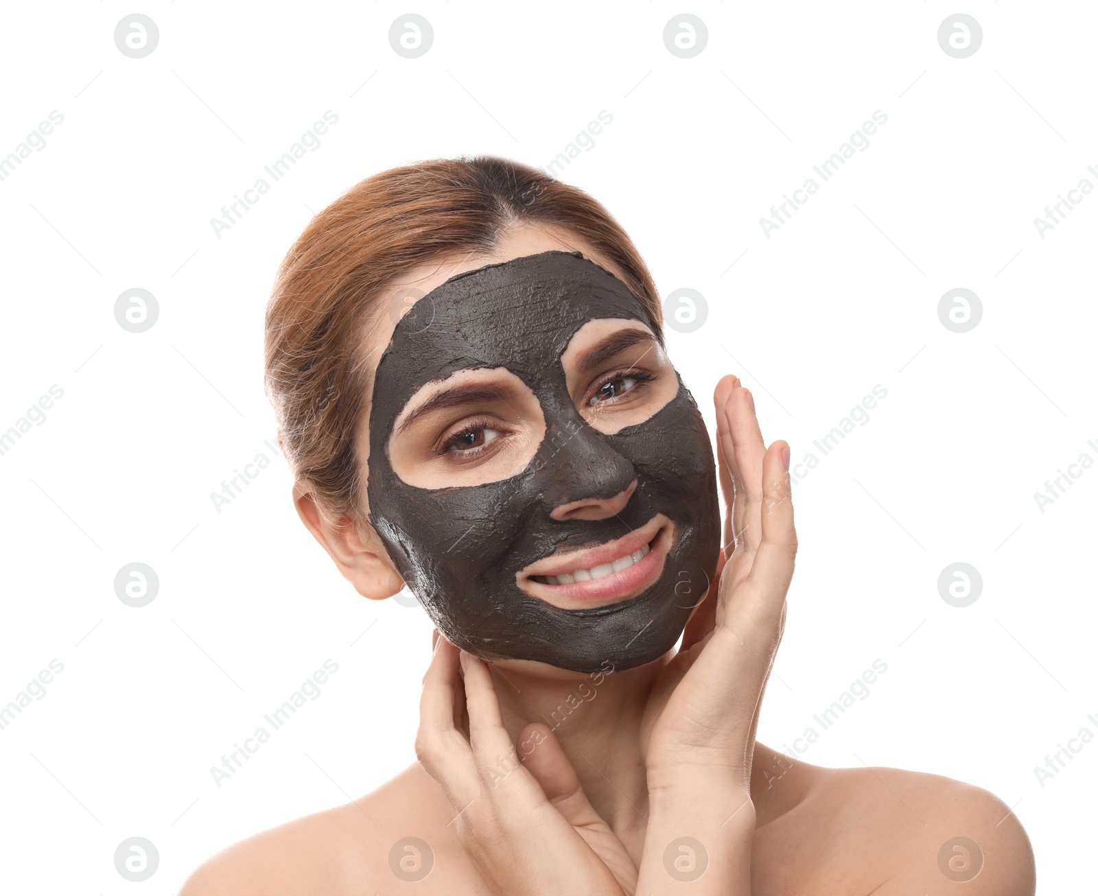 Photo of Beautiful woman with black mask on face against white background