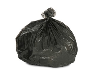 Black trash bag filled with garbage isolated on white
