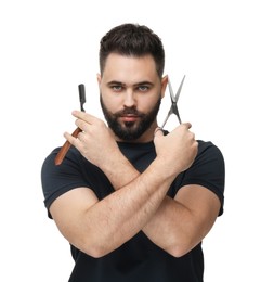 Photo of Handsome young man with mustache holding blade and scissors on white background