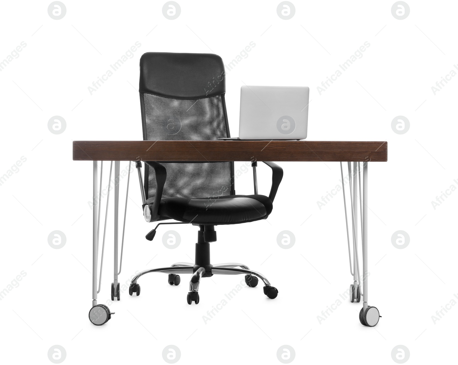 Photo of Stylish workplace with laptop and comfortable armchair on white background