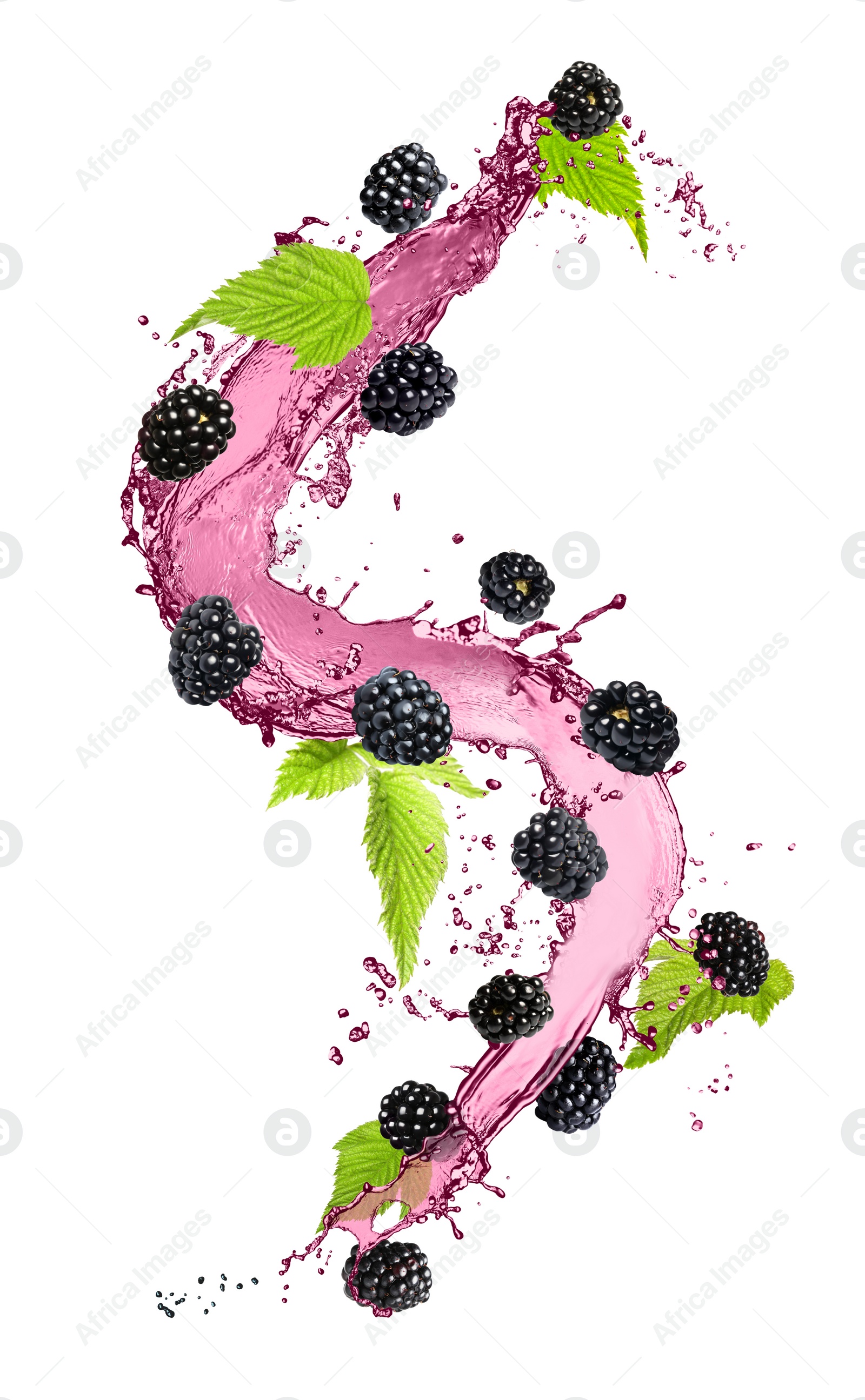 Image of Fresh blackberries and juice in air on white background