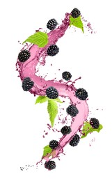 Image of Fresh blackberries and juice in air on white background