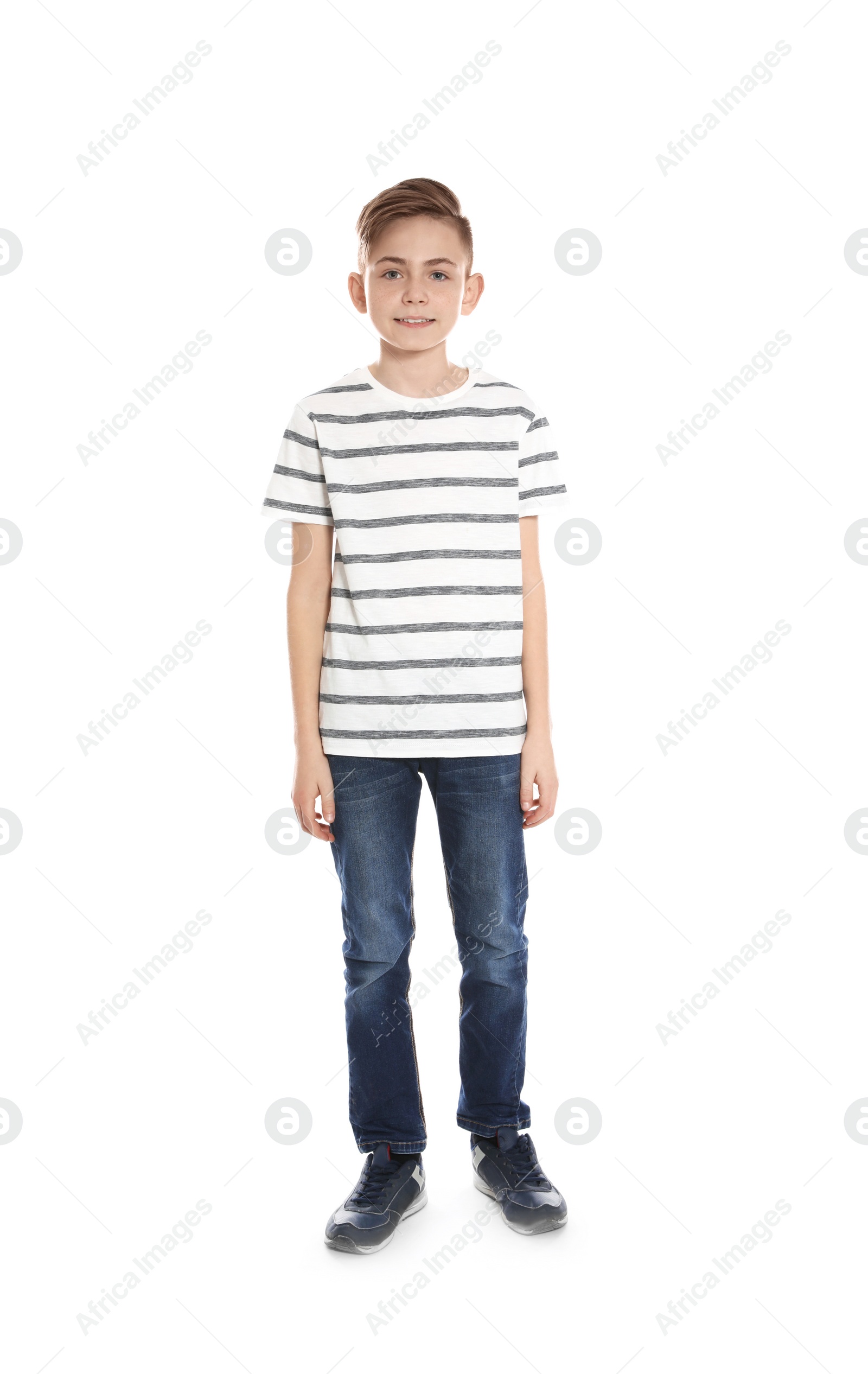 Photo of Full length portrait of little boy on white background