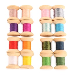 Set of colorful sewing threads on white background, top view