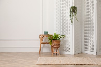 Folding screen and beautiful houseplants near white wall in room. Interior design