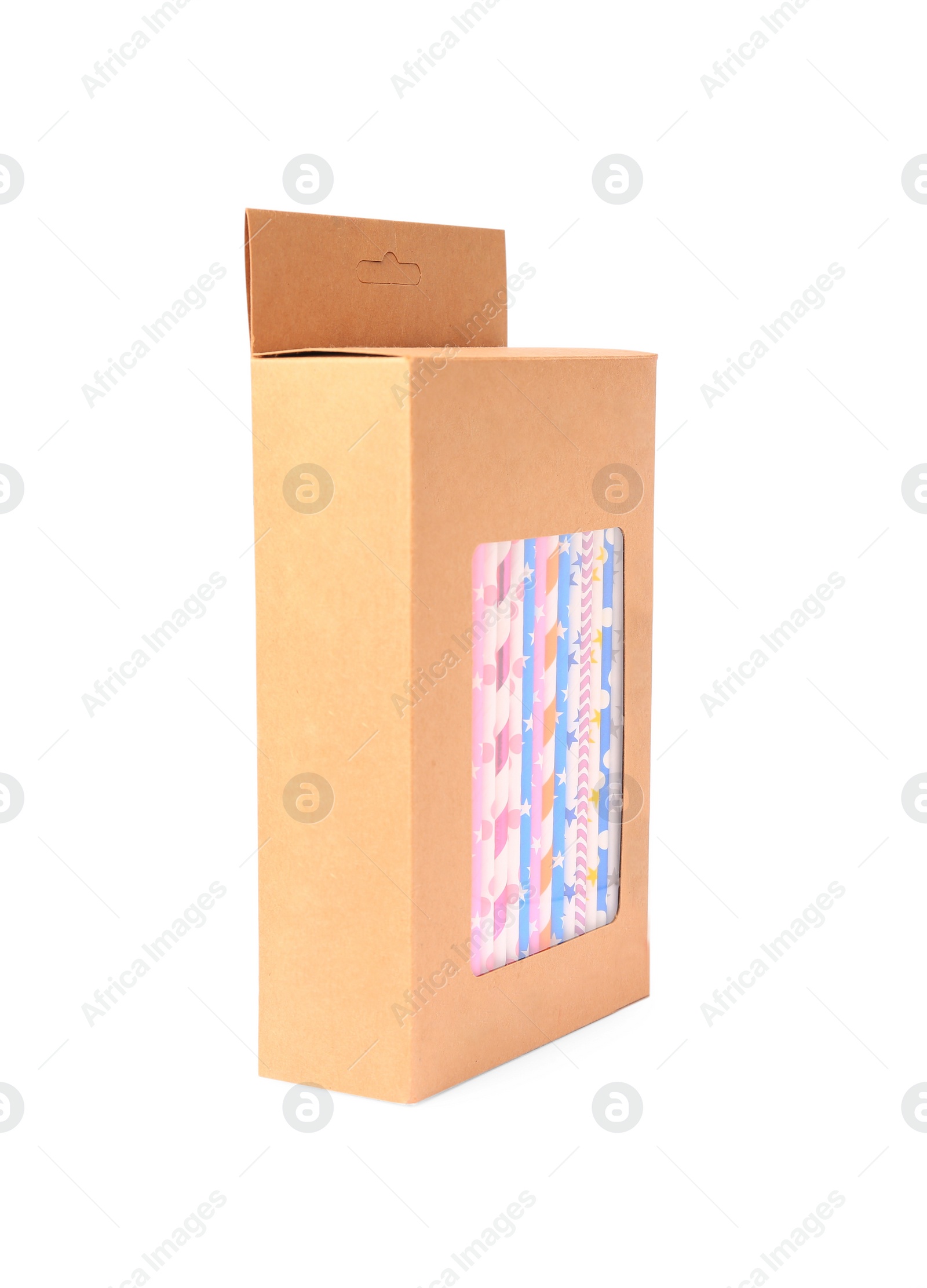 Photo of Box with many paper drinking straws isolated on white