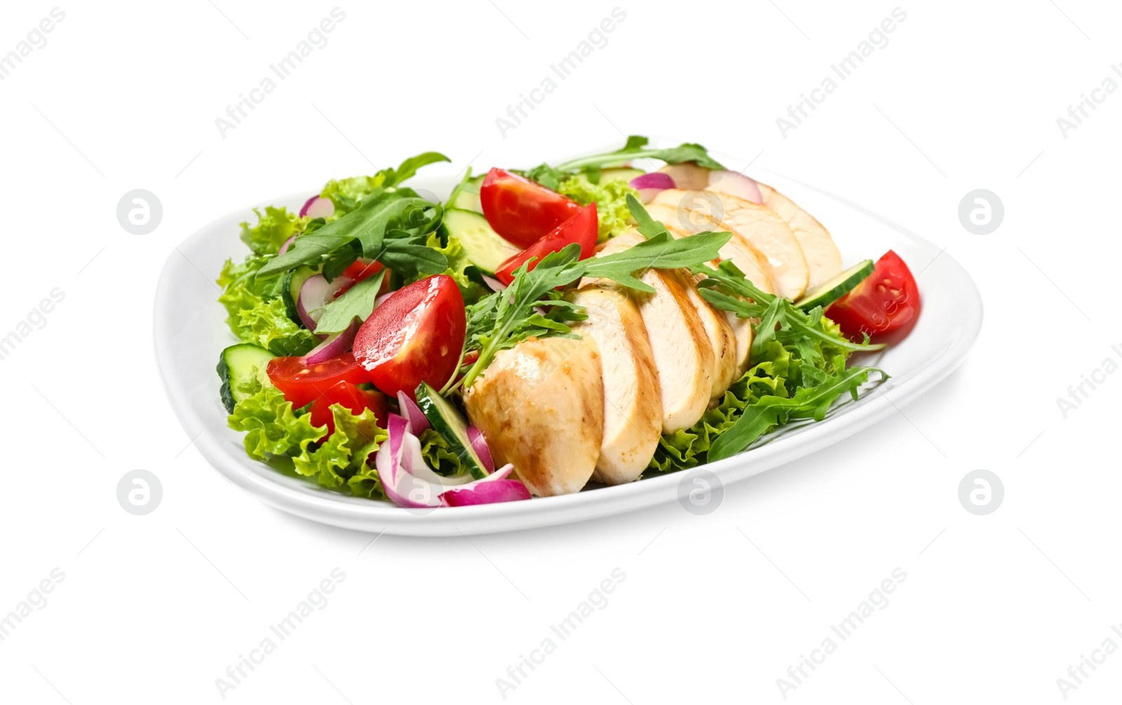 Photo of Delicious salad with meat, arugula and vegetables isolated on white