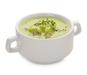 Photo of Bowl of delicious celery soup isolated on white