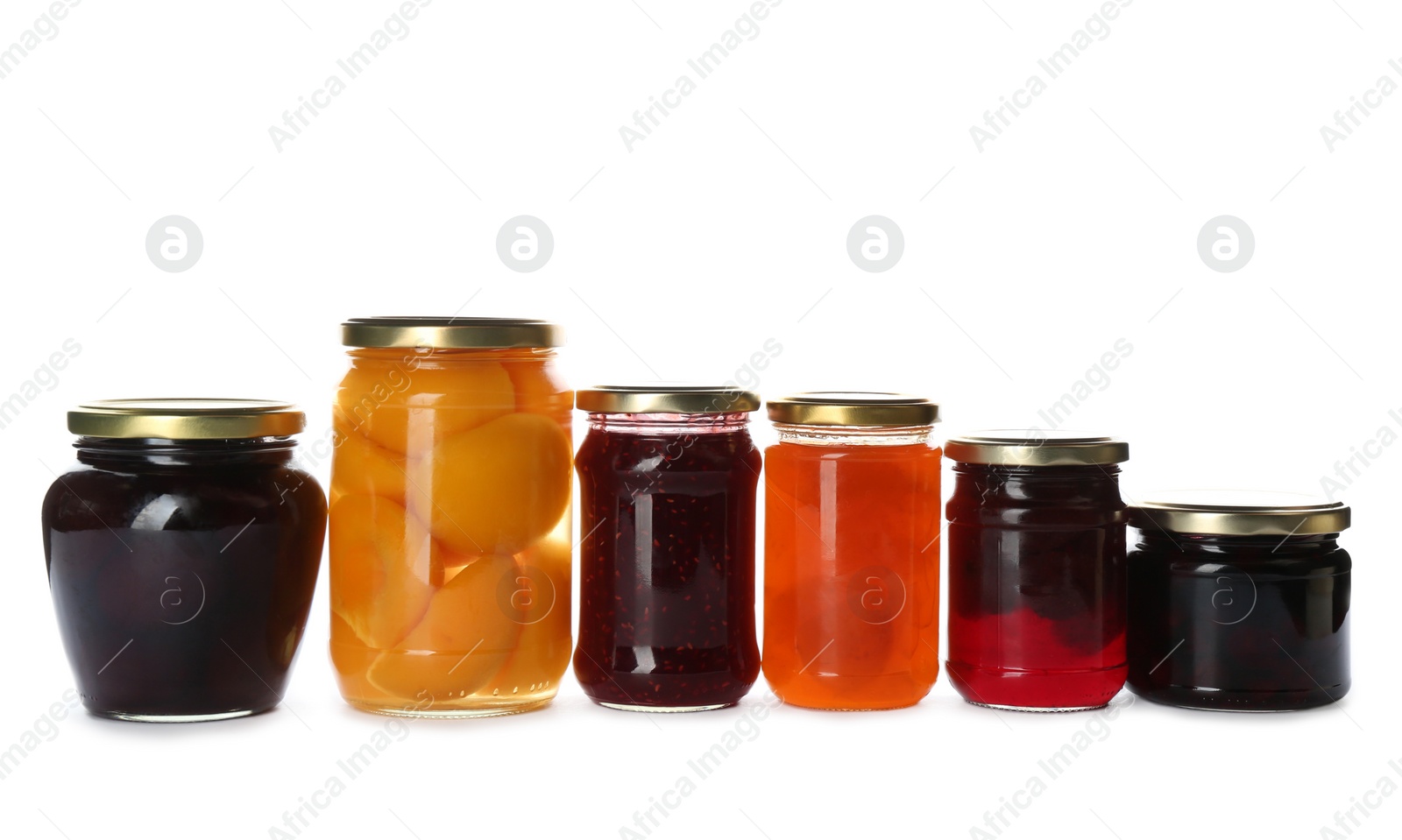 Photo of Glass jars with different pickled fruits and jams on white background
