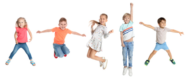 Image of Collage of emotional children jumping on white background. Banner design