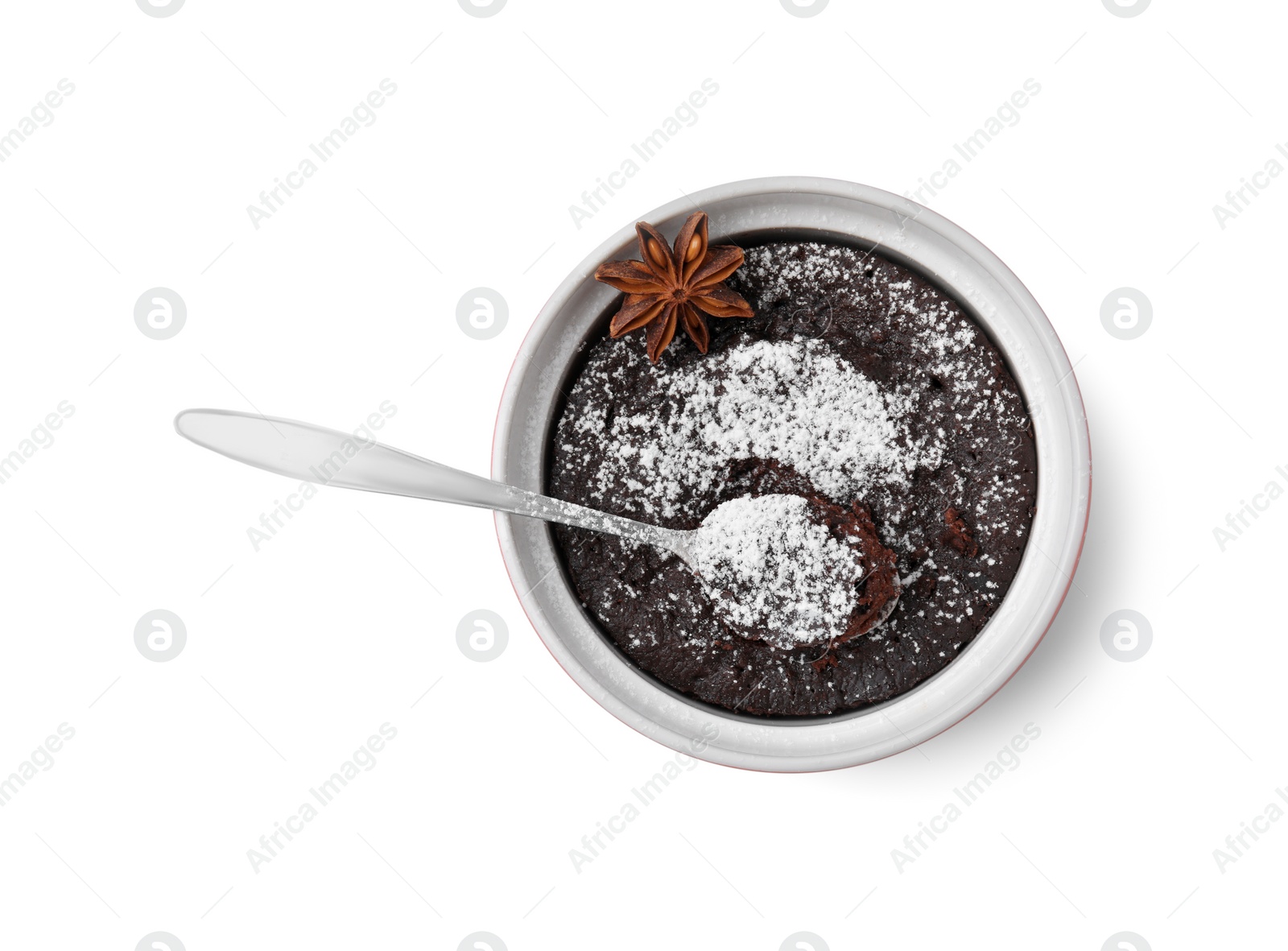 Photo of Tasty chocolate pie with anise and spoon isolated on white, top view. Microwave cake recipe