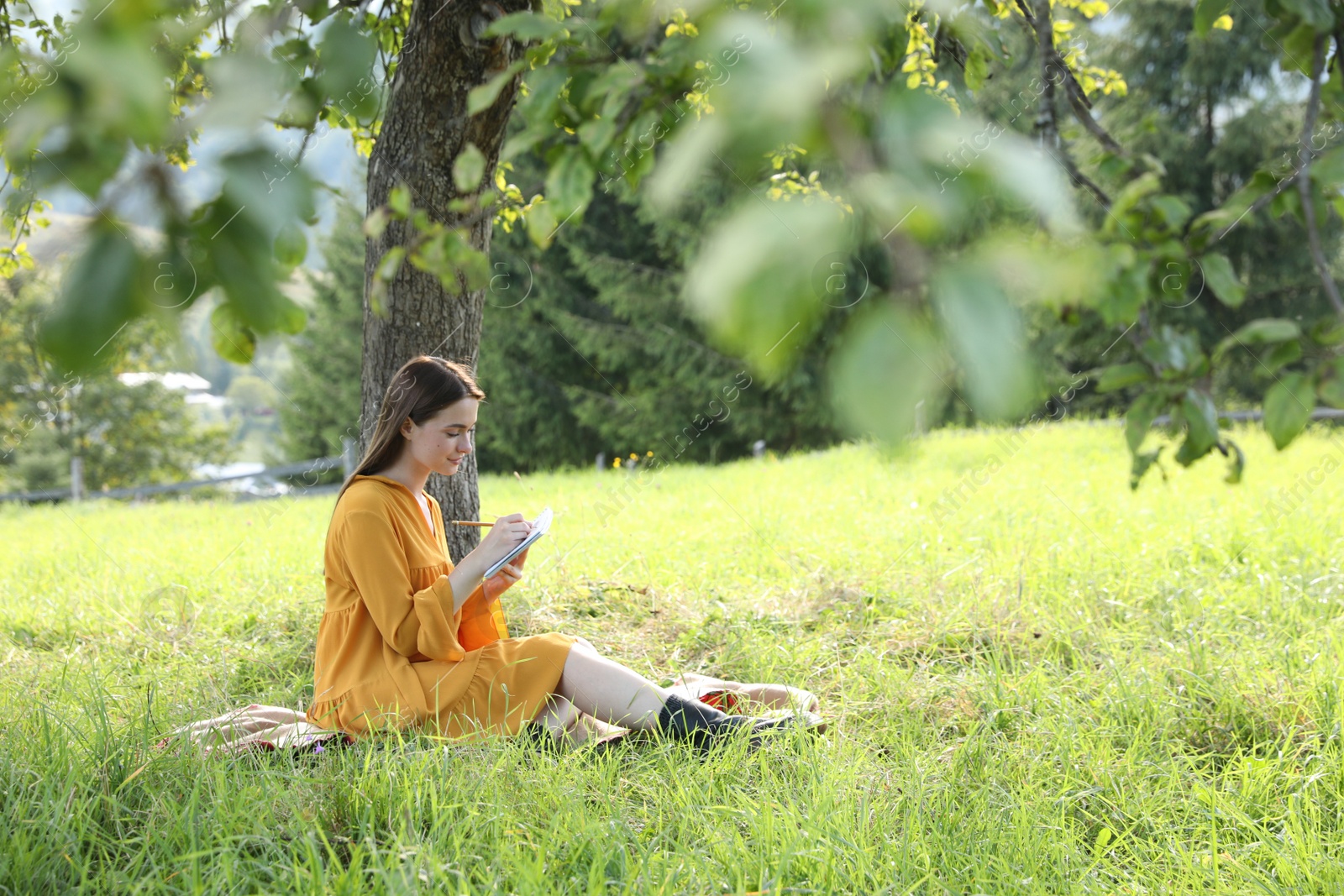 Photo of Beautiful young woman drawing with pencil in notepad on green grass near tree