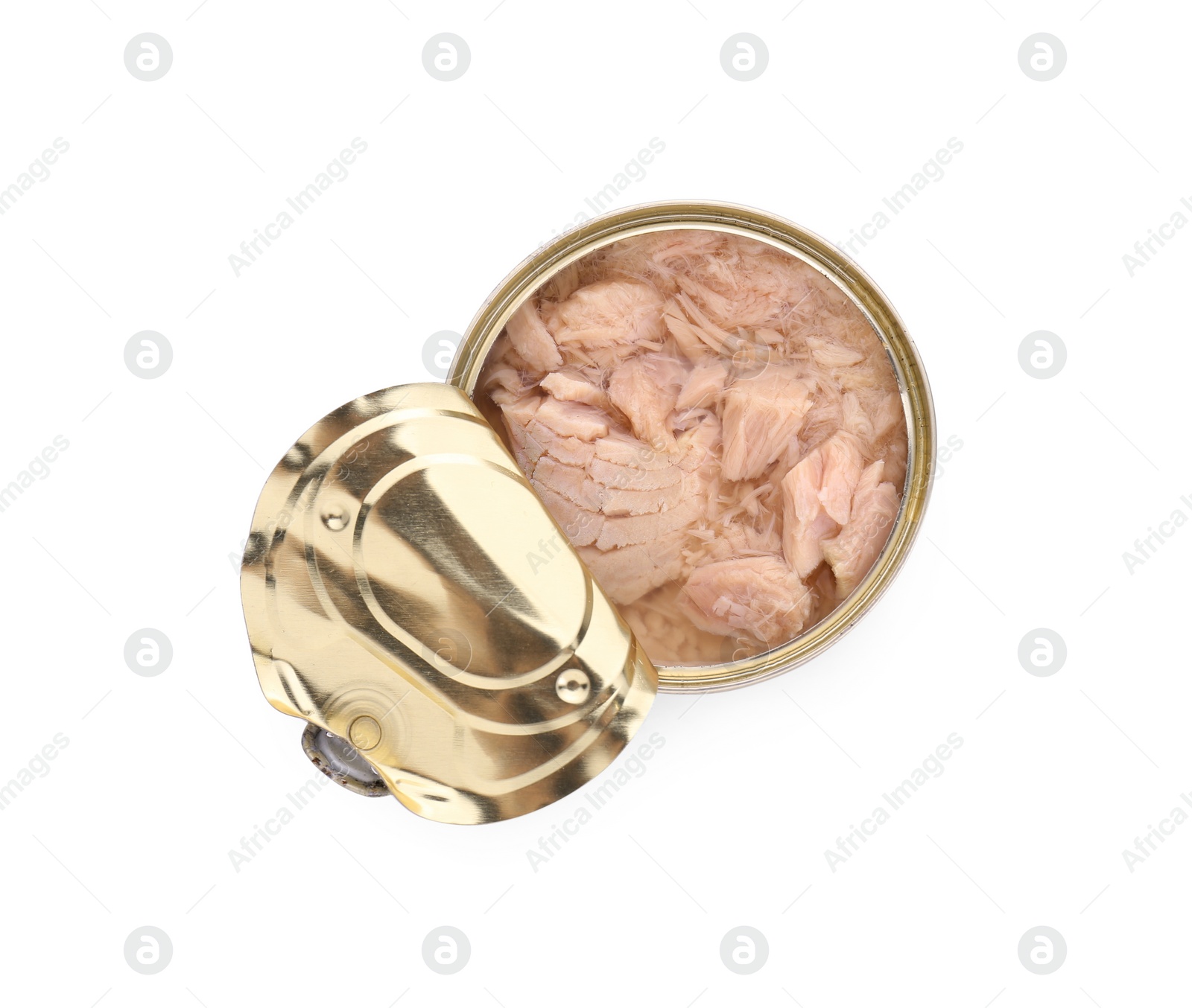 Photo of Tin can with canned tuna isolated on white, top view