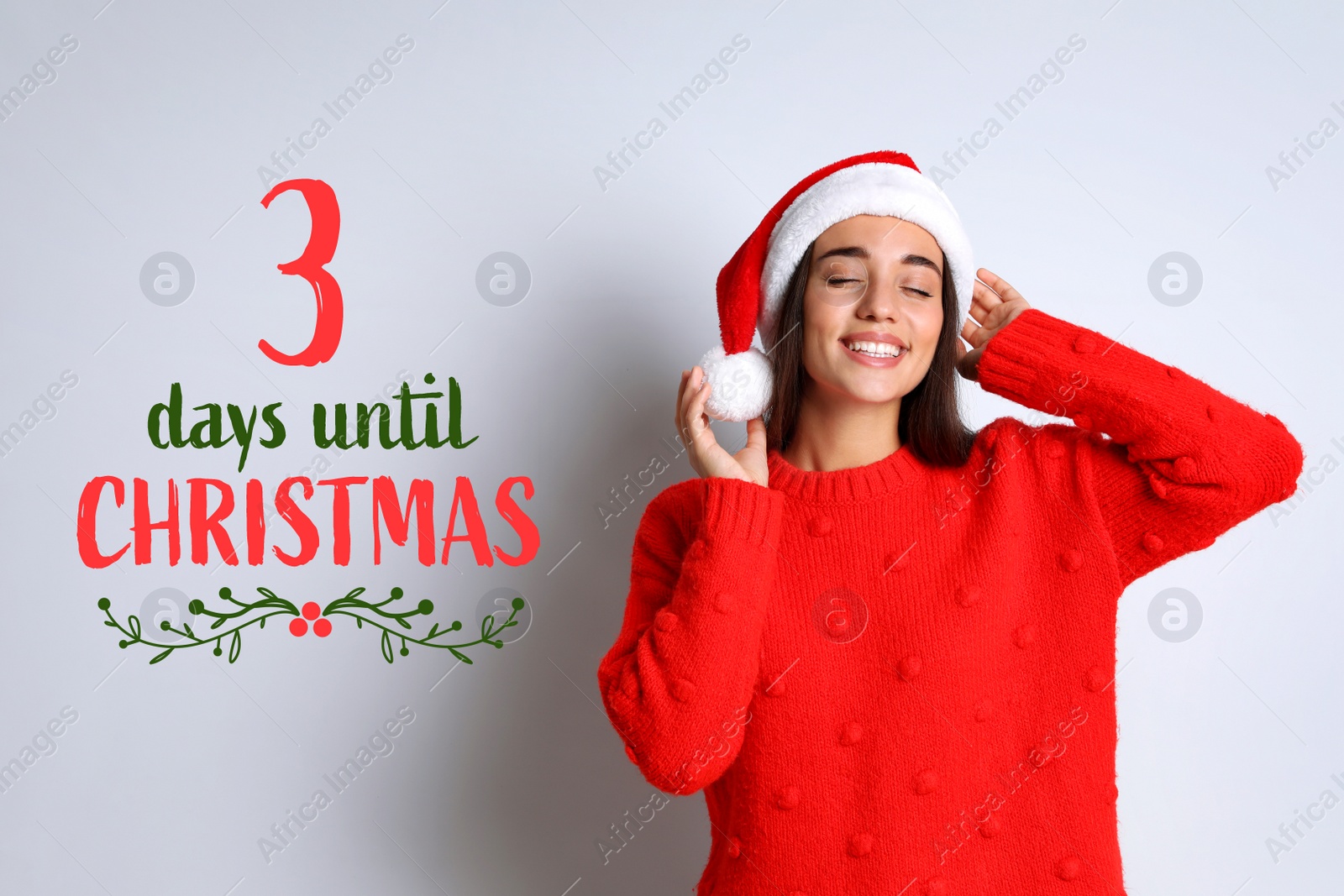 Image of Christmas countdown. Happy woman wearing Santa hat on light background near text