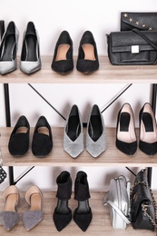 Photo of Shelving unit with stylish shoes and purses near white wall. Element of dressing room interior