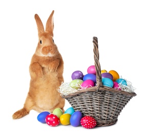 Cute bunny and wicker basket with bright Easter eggs on white background