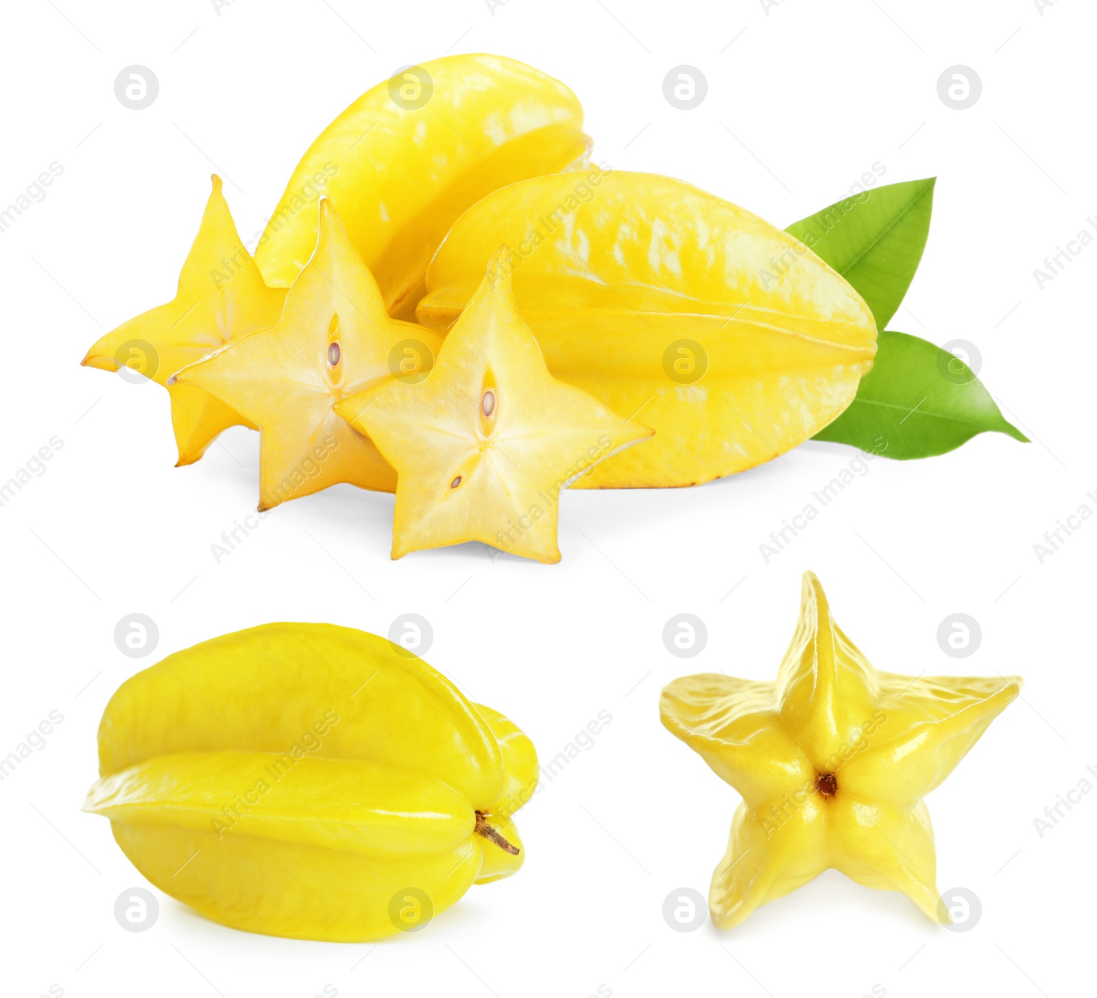 Image of Set with delicious ripe carambola fruits on white background 