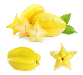 Set with delicious ripe carambola fruits on white background 