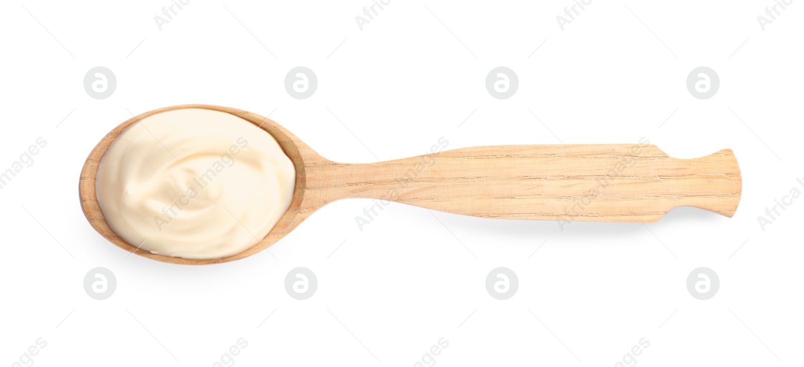 Photo of Wooden spoon with tasty mayonnaise isolated on white, top view