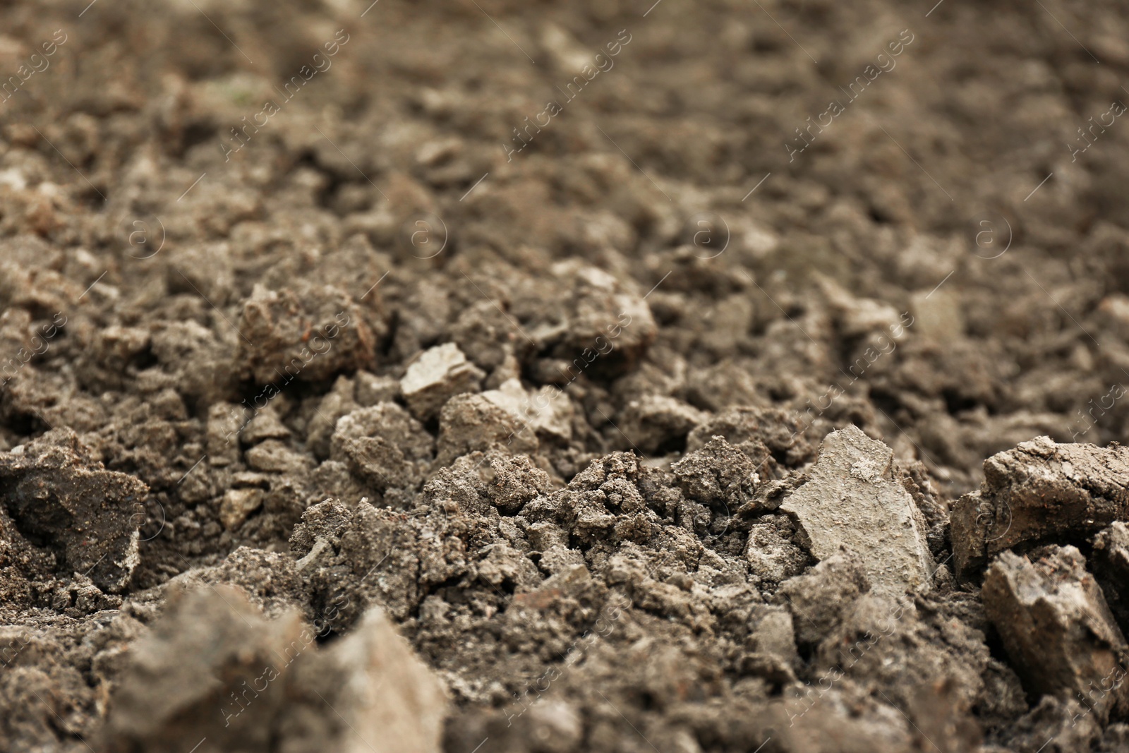 Photo of Textured ground surface as background, closeup. Fertile soil for farming and gardening