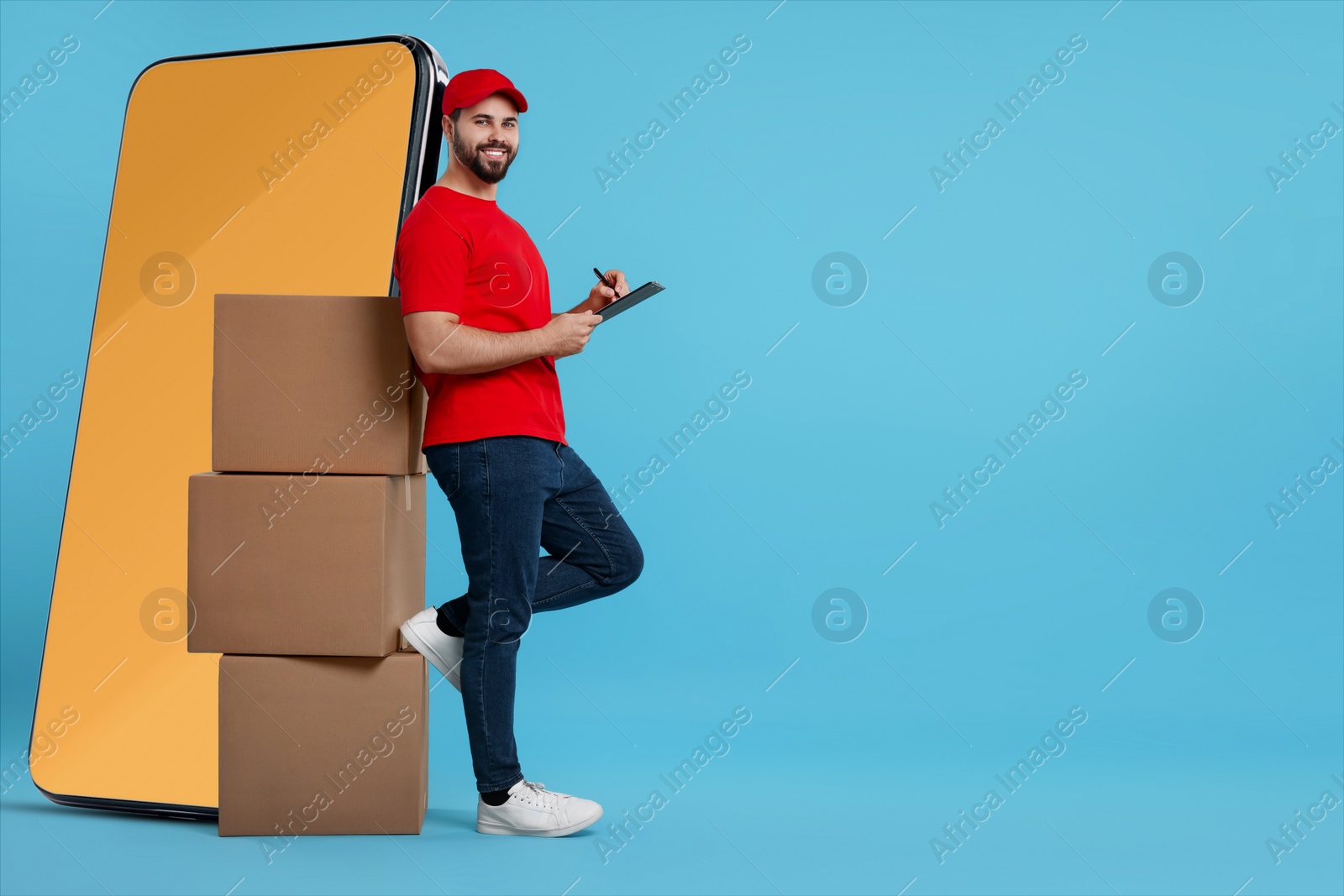 Image of Courier with stack of parcels and clipboard near huge smartphone on light blue background. Delivery service. Space for text