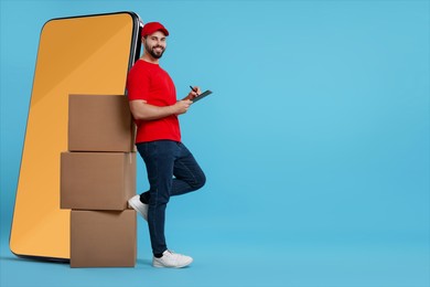 Image of Courier with stack of parcels and clipboard near huge smartphone on light blue background. Delivery service. Space for text
