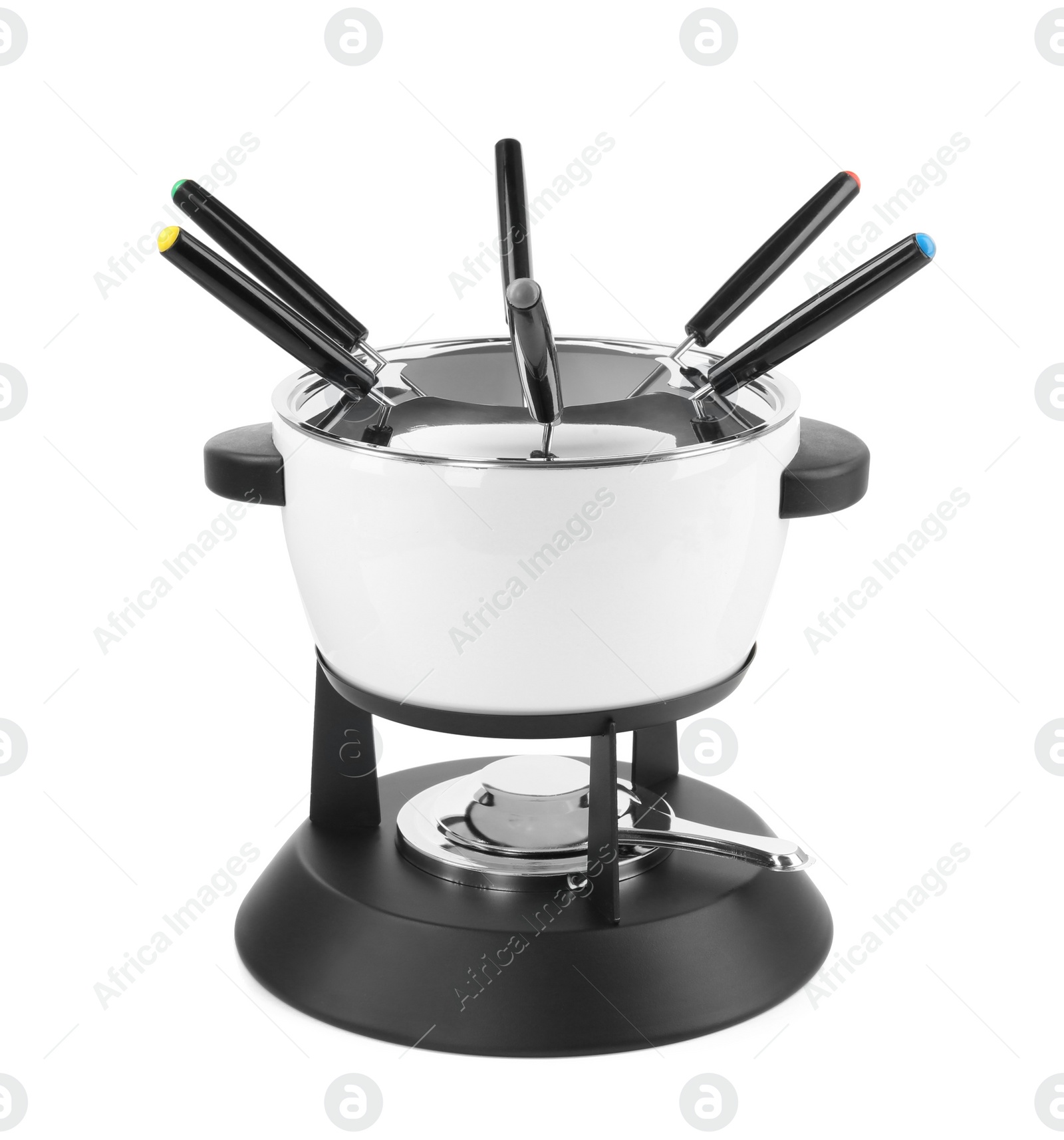 Photo of Fondue set isolated on white. Kitchen equipment